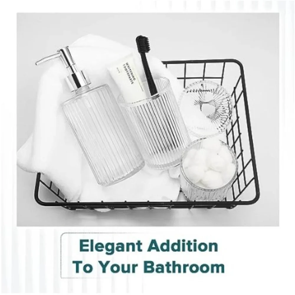 4 pc - Ribbed Glass Bathroom Accessory Set  (Clear)